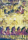 Eastern Han Dynasty (23-220 CE) mural of a group of horses and a horse pulling a covered chariot and rider. One of 57 murals from the Helingeer Tomb in Inner Mongolia, the tomb of a prominent official, landowner, and colonel of the Wuhuan Army.