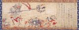 Part of a set of five hanging scrolls entitled 'Extermination of Evil', depicting benevolent deities who expel demons of plague. This scroll was originally part of a handscroll known as the 'Second edition of the Masuda family Hell Scroll' before being cut into sections after World War II. The text on the scroll explains the acts of the god in exterminating evil. Sendan Kendatsuba, originally an Indian god of music, was a king of the Kendatsuba and thereby a member of the Eight Legions and the 28 legions. According to the Lotus Sutra he is one of the 33 manifestations of Kannon Bosatsu and the central figure of the Dōjikyō Mandara. Here he is depicted in human guise hoisting the heads of evil animals and demons on a trident. The set of five scrolls has been designated as a National Treasure of Japan in the category 'Paintings'.
