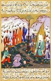 Nadr ibn al-Harith had repeatedly mocked the Prophet Muhammad and the Qur'an. The miniature comes from a six-volume edition of the Life of the Prophet commissioned by Sultan Murad III and made in the court studio in Istanbul. The Prophet Muhammad is depicted veiled to show respect, as was the general custom of the time.