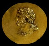 Head of Philip II of Macedon (r.359-336 BCE), on a gold victory medal (niketerion) struck in Tarsus, 2nd c. BCE.<br/><br/>

Philip II of Macedon, (382 – 336 BCE), was a Greek king (basileus) of Macedon from 359 BCE until his assassination in 336 BCE. He was the father of Alexander the Great and Philip III.